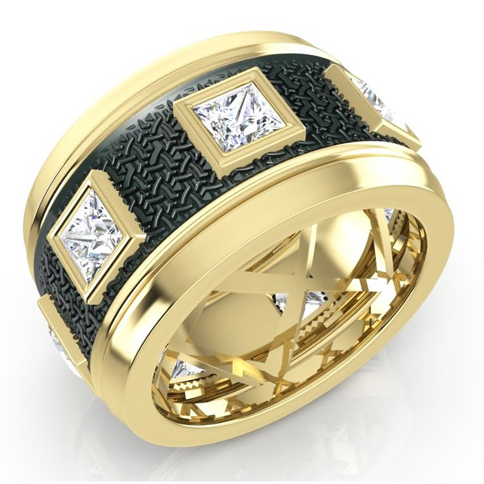 Unieke Heren Ring Twee Kleurig Met Prinses Geslepen Natuurlijke Aarde Gedolven Diamanten