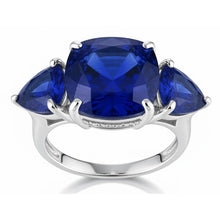 Afbeelding in Gallery-weergave laden, Verborgen Halo Kussen &amp; Trillion Ceylonese Saffier Natuurlijke uit de aarde gewonnen Diamanten Ring WG 14K
