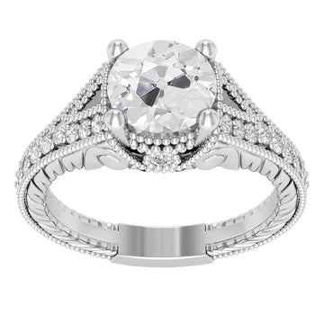 Verloving Oude Geslepen Ronde Echt Diamanten Ring 4,50 Karaat Milgrain Shank