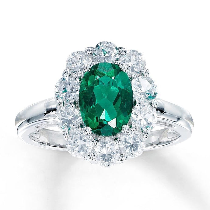 Verlovingsring ovaal geslepen groene smaragd met diamant goud wit 14K 6,5 karaat