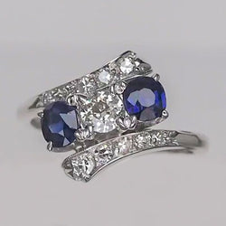 Verlovingsring Met Oude Geslepen Echt Diamant En Blauwe Saffier 4 Karaat