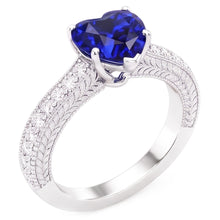 Afbeelding in Gallery-weergave laden, Vintage stijl Natuurlijke echte diamant ( niet in het laboratorium gekweekt )en ring 4 karaat natuurlijke blauwe saffier hart geslepen
