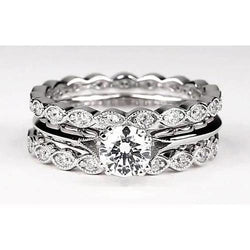Vintage Look Ronde Echt Diamanten Verlovingsring Set Wit Goud 14K 2 Karaat