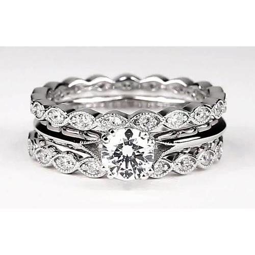 Vintage Look Ronde Echt Diamanten Verlovingsring Set Wit Goud 14K 2 Karaat