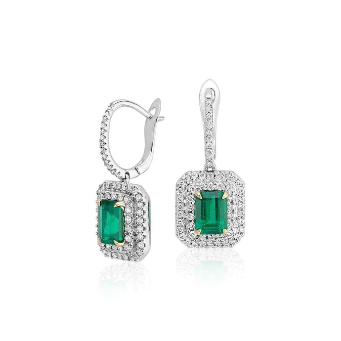 Vrouwen Dangle Oorbellen 6 Ct Groene Smaragd Met Diamanten Tweekleurig Goud 14K