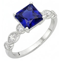Natuurlijke Echte (Niet Labgekweekt) Dames Solitaire Blauwe Saffier Ring met Accenten Vintage Stijl 6 Karaat