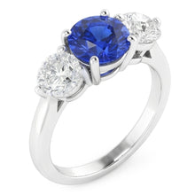 Afbeelding in Gallery-weergave laden, Vrouwen drie stenen ronde natuurlijke blauwe saffier ring 2 karaat Natuurlijke echte diamant ( niet in het laboratorium gekweekt )en
