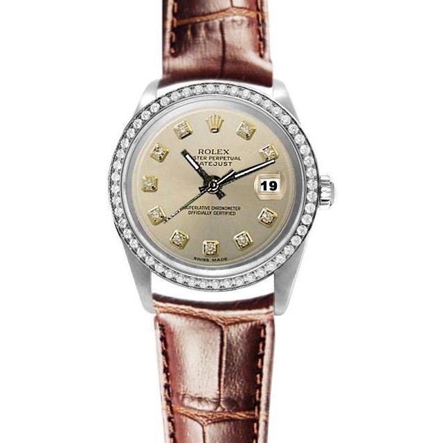 Wijzerplaat diamant Rolex Datumjust horloge lederen band Oester eeuwigdurend
