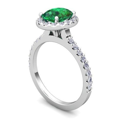 Witgoud 14K 6,60 karaat Halo groene smaragd met kleine diamanten ring