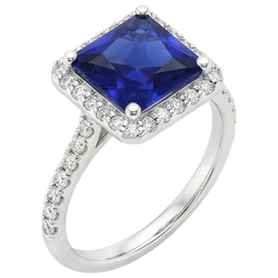 Witgouden Halo Ring Princess Srilankaanse Saffier & Natuurlijke uit de aarde gewonnen Diamanten 6 Karaat