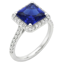 Afbeelding in Gallery-weergave laden, Witgouden Halo Ring Princess Srilankaanse Saffier &amp; Natuurlijke uit de aarde gewonnen Diamanten 6 Karaat
