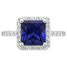 Afbeelding in Gallery-weergave laden, Witgouden Halo Ring Princess Srilankaanse Saffier &amp; Natuurlijke uit de aarde gewonnen Diamanten 6 Karaat
