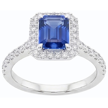 Afbeelding in Gallery-weergave laden, Witgouden Halo-trouwring Emerald Ceylon Sapphire 3,50 karaat
