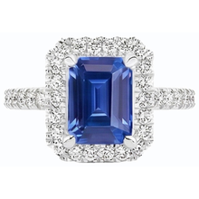 Afbeelding in Gallery-weergave laden, Witgouden Halo-trouwring Emerald Ceylon Sapphire 3,50 karaat
