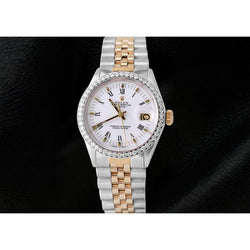 Witte Romeinse wijzerplaat Diamanten lunette Rolex Datum horloge jubileumband