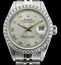 Afbeelding in Gallery-weergave laden, Witte Romeinse wijzerplaat Rolex damesarmband Datum Net diamanten rand
