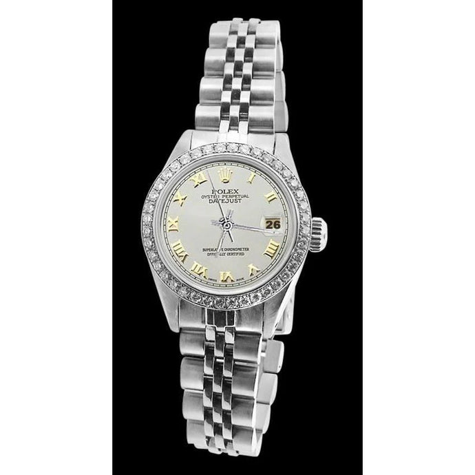 Witte Romeinse wijzerplaat Rolex damesarmband Datum Net diamanten rand

