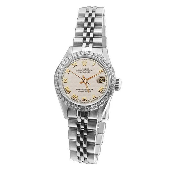 Witte Romeinse wijzerplaat, datum, diamanten armband, Rolex dameshorloge
