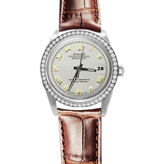 Witte Romeinse wijzerplaat diamanten rand lederen bende dames heren Rolex horloge snel ingesteld
