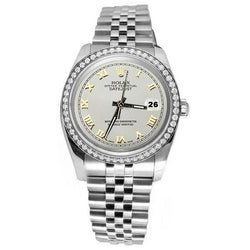 Witte Romeinse wijzerplaat met diamanten rand Roestvrij staal Datumjust Horloge jubileum Rolex SNELLE INSTELLING