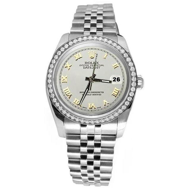 Witte Romeinse wijzerplaat met diamanten rand Roestvrij staal Datumjust Horloge jubileum Rolex SNELLE INSTELLING
