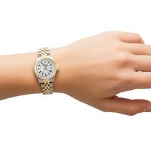 Afbeelding in Gallery-weergave laden, Witte Romeinse wijzerplaat met diamanten rand Rolex Datum Dameshorloge Tweekleurig jubileum
