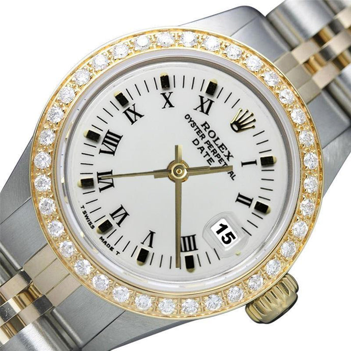 Witte Romeinse wijzerplaat met diamanten rand Rolex Datum Dameshorloge Tweekleurig jubileum
