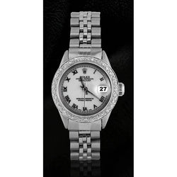 Witte Romeinse wijzerplaat met diamanten rand Rolex Datumjust-horloge Roestvrij stalen jubileumband