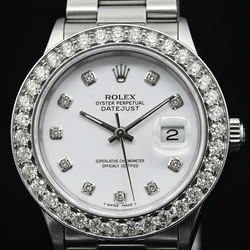 Rolex Datejust Roestvrij Staal Horloge met Witte Wijzerplaat en Aangepaste Diamanten Grote Lunette