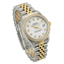 Afbeelding in Gallery-weergave laden, Witte wijzerplaat rand jubileum Roestvrij staal en goud Rolex Datumjust dameshorloge
