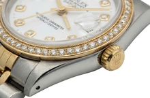Afbeelding in Gallery-weergave laden, Witte wijzerplaat rand jubileum Roestvrij staal en goud Rolex Datumjust dameshorloge
