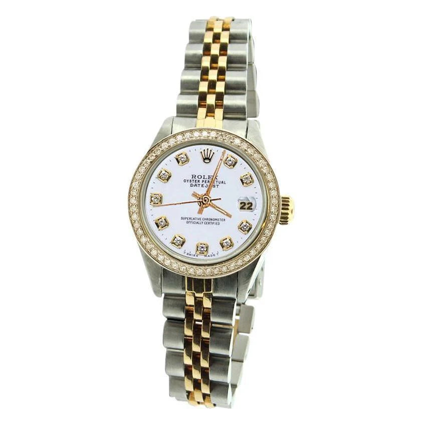Witte wijzerplaat rand jubileum Roestvrij staal en goud Rolex Datumjust dameshorloge

