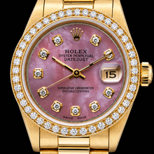 Afbeelding in Gallery-weergave laden, Geelgoud President Rolex 31 mm Bordeaux Parelmoer Diamanten Wijzerplaat Horloge
