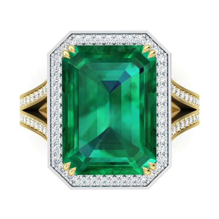 Zambiaanse groene smaragd en diamanten verlovingsring 11,50 karaat tweetonig 14K