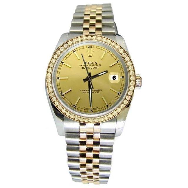 Zeer fijne heren Rolex Datumjust horlogestok wijzerplaat jubileum tweekleurige SNELLE INSTELLING
