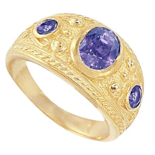 Afbeelding in Gallery-weergave laden, Zigeuner 14K ovale Sri Lanka paarse saffier 3 karaat herenring geelgouden band
