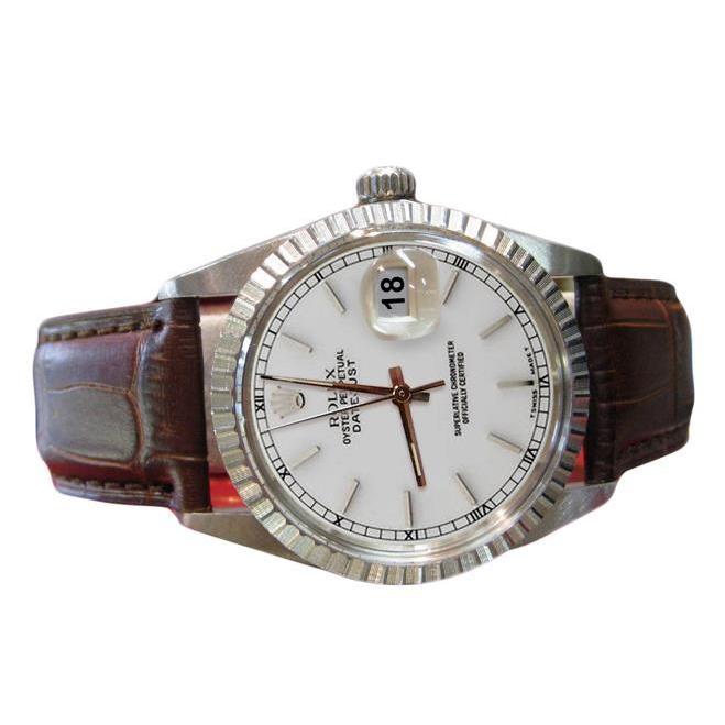 Zilveren Stok wijzerplaat rand Datumjust Rolex herenhorloge leren armband
