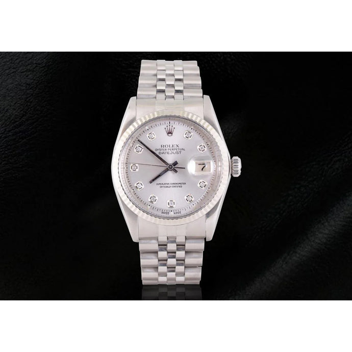 Zilveren diamanten wijzerplaat Rolex Datumjust herenhorloge roestvrijstalen jubileumarmband

