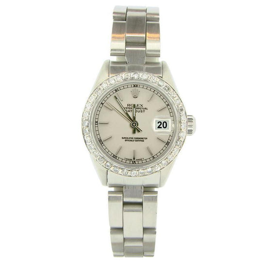Zilveren staaf wijzerplaat diamanten lunette dameshorloge Rolex datum armband
