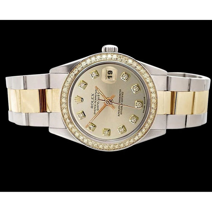 Zilverkleurige diamanten wijzerplaat rand Roestvrij staal en goud Rolex Datumjust-horloge
