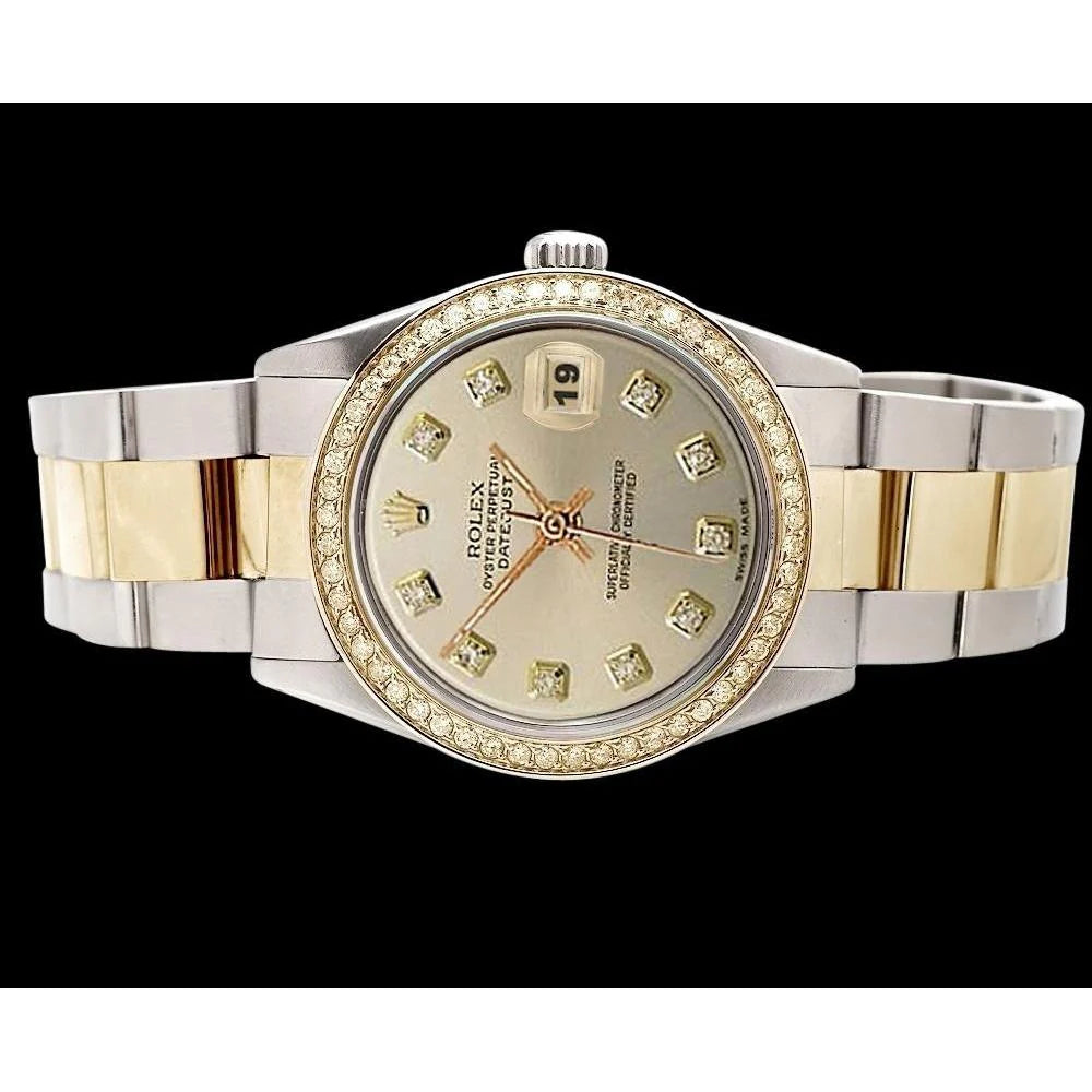 Zilverkleurige diamanten wijzerplaat rand Roestvrij staal en goud Rolex Datumjust-horloge
