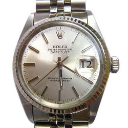Zilverkleurige stok-wijzerplaat met gecanneleerde rand, tweekleurig horloge Rolex Datumjust