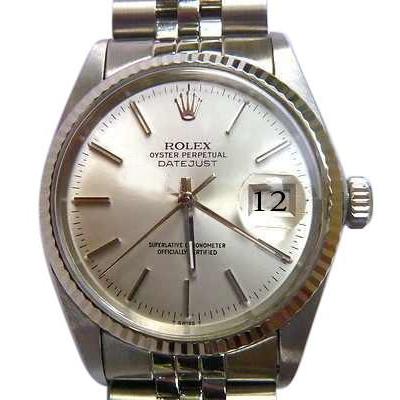 Zilverkleurige stok-wijzerplaat met gecanneleerde rand, tweekleurig horloge Rolex Datumjust
