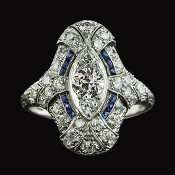 Zoals Edwardiaanse Sieraden Oude Geslepen Echt Diamant Baguette Saffier Ring Milgrain