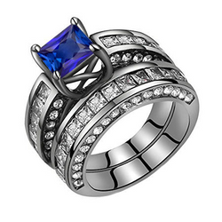 Zwart Goud Prinses Diamanten Blauwe Saffier Verloving Ring Set