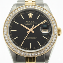 Afbeelding in Gallery-weergave laden, Zwarte Stok-wijzerplaat Datumjust Dames Rolex-horloge tweekleurig jubileum
