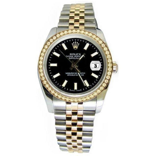 Zwarte stok wijzerplaat Twee toon Rolex Datumjust horloge Mens dame Rolex SNELLE INSTELLING

