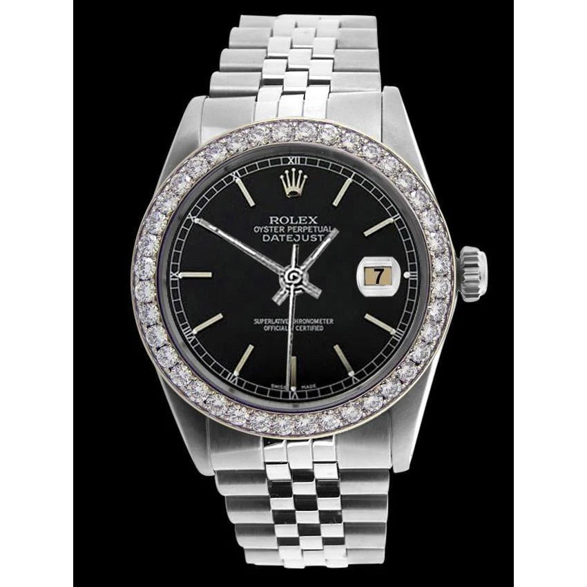 Zwarte stok wijzerplaat rand herenhorloge Rolex Datumjust Jubileum roestvrij staal snel ingesteld

