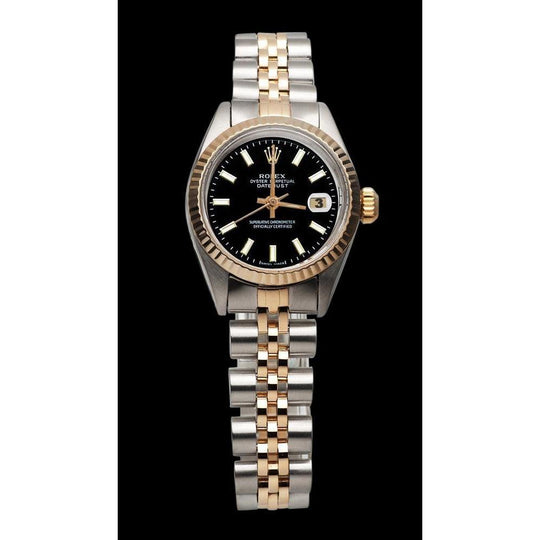 Zwarte wijzerplaat Rolex Datumjust 26 mm tweekleurig dameshorloge
