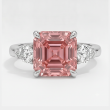 Afbeelding in Gallery-weergave laden, Padparadscha saffieren ring 3,6 karaat echte Asscher en witte trilliant driesteens platina
